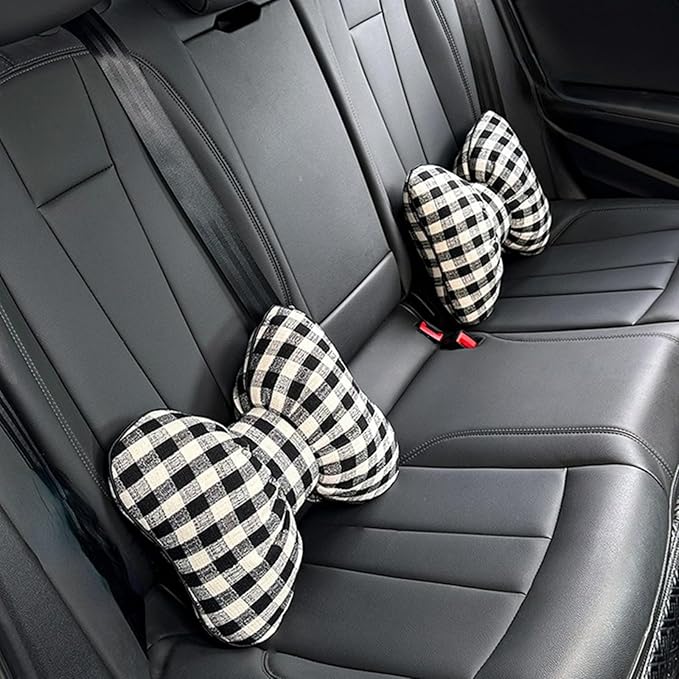 Car Accessories Plaid Bow Headrest Lumbar Pillow 4PCs Set Cotton Linen Elegant Soft Car Seat Cushions for Daily Commuting Trave (Black Plaid,4pcs)