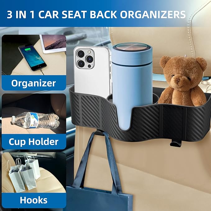 3-in-1 Car Headrest Backseat Organizer with 3.7" Backseat Cup Holder for Car, Seat Back Organizer with Hooks