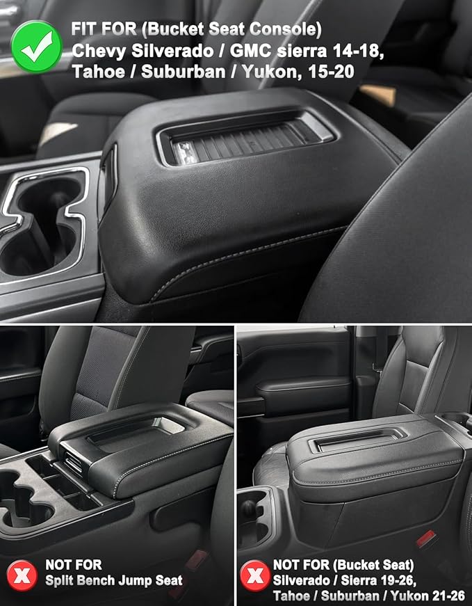 KBH Center Console Armrest Cover for Chevy Suburban Tahoe & GMC Yukon 2015-2020, Silverado & Sierra 1500 2500 3500 2014-2018, Bucket Seat, Customized Arm Rest Lid Protective Cushion, PU Leather