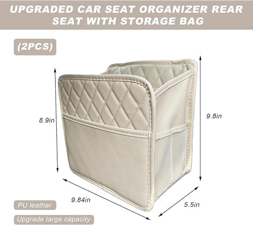 2 PCS Car Seat Back Organizer, Large Capacity Foldable Car Seat Back Hanging Bag with 3 Extra Pockets, Waterproof Leather Auto Seats Storage Organizer, Car Travel Essentials Accessories (White)