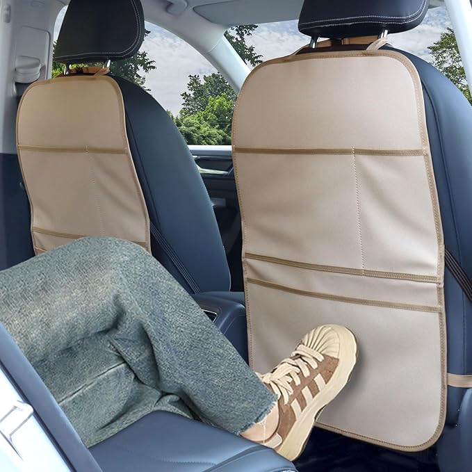 pefirst Kick Mat Back Seat Protector Waterproof Leather Car Seat Back Organizers Cover with 3 Storage Pockets for Kids Pets SUV Sedan Minivan Truck Car Travel Accessories (Beige 2-Pack)
