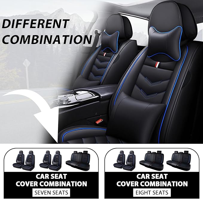 MVRVMV Car Seat Covers for Ford Explorer 2012-2026, Waterproof & Wear-Resistant Front and Rear Seat Protectors with 2* Neck Pillow and 2* Lumbar Support (7 Seat Luxury, Black-Blue