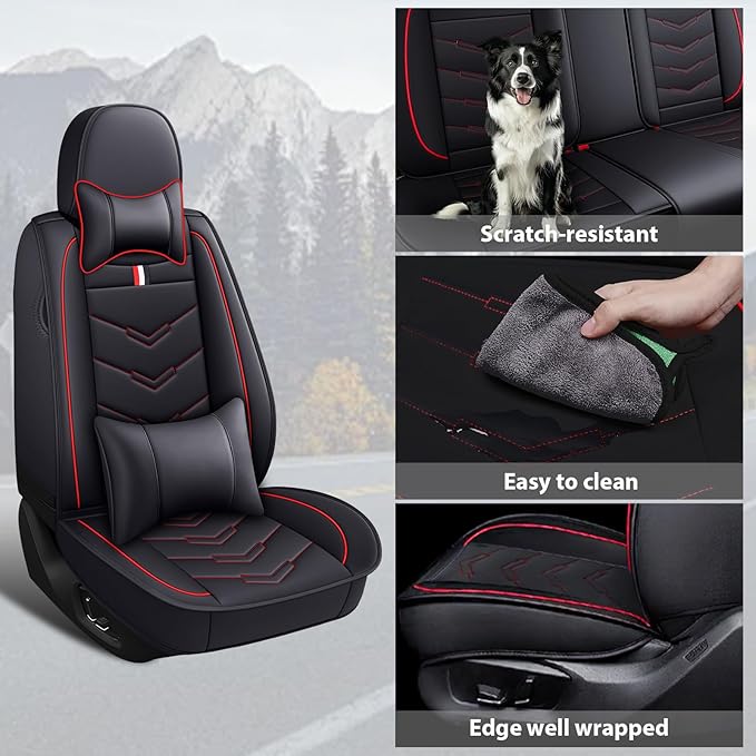 MVRVMV Luxury Car Seat Covers for Ford Explorer 2012-2026, Nappa Leather Auto Seat Cover with 2 Neck Pillows and 2 Lumbar Supports (5 Seat Luxury, Black-Red)
