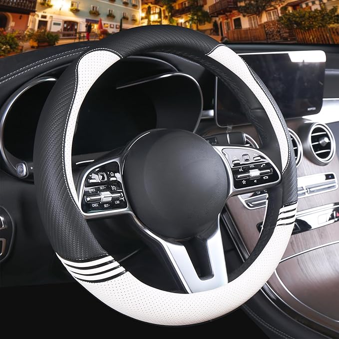 14 inch Cute Steering Wheel Cover for Women Men Faux Leather and Carbon Fiber,Black and White