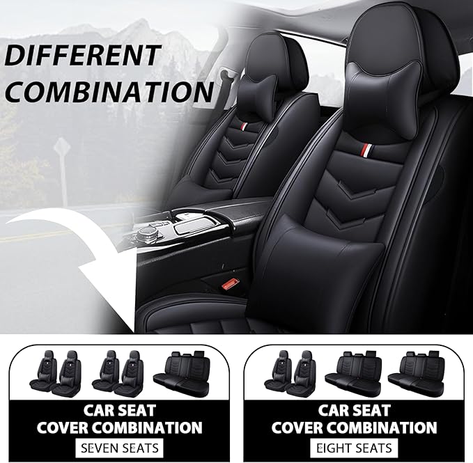 MVRVMV Car Seat Covers for Ford Explorer 2012-2026, Waterproof & Wear-Resistant Front and Rear Seat Protectors with 2* Neck Pillow and 2* Lumbar Support (7 Seat Luxury, Black