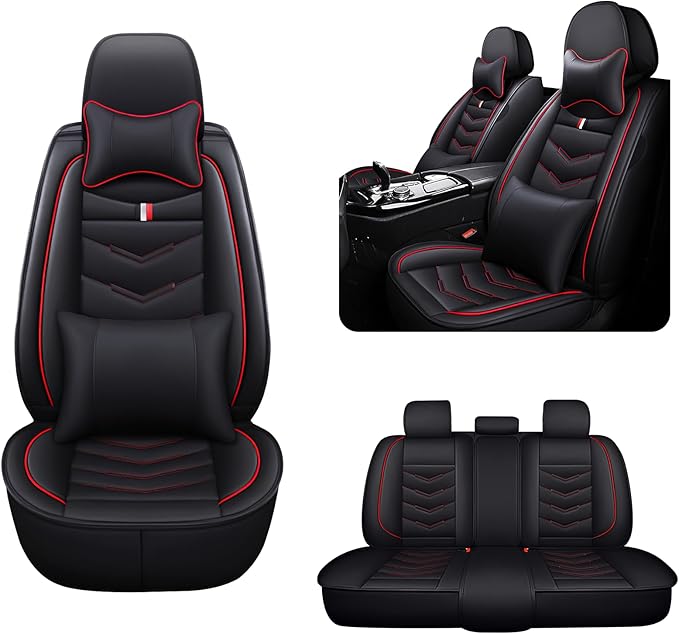 MVRVMV Luxury Car Seat Covers for Ford Explorer 2012-2026, Nappa Leather Auto Seat Cover with 2 Neck Pillows and 2 Lumbar Supports (5 Seat Luxury, Black-Red)