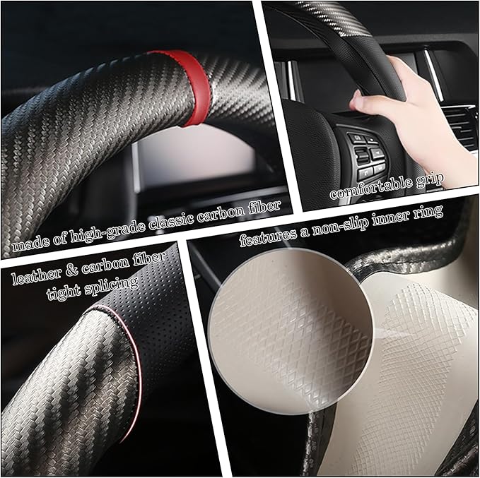 Black & Grey Carbon Fiber Leather Steering Wheel Cover, Microfiber Leather, Anti-Slip, Breathable, Universal Fit for 14.5–15 in Steering Wheel Cover for Men Women