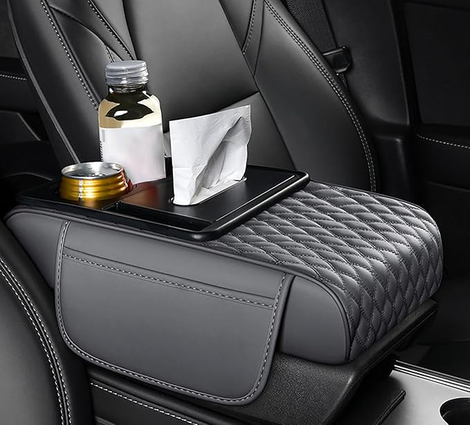 Car Center Console Cover for Acura MDX 2014-2025, Armrest Storage Box, Multifunctional Center Console Cover Organizer, Leather Armrest Protector Pad for SUV,D Grey