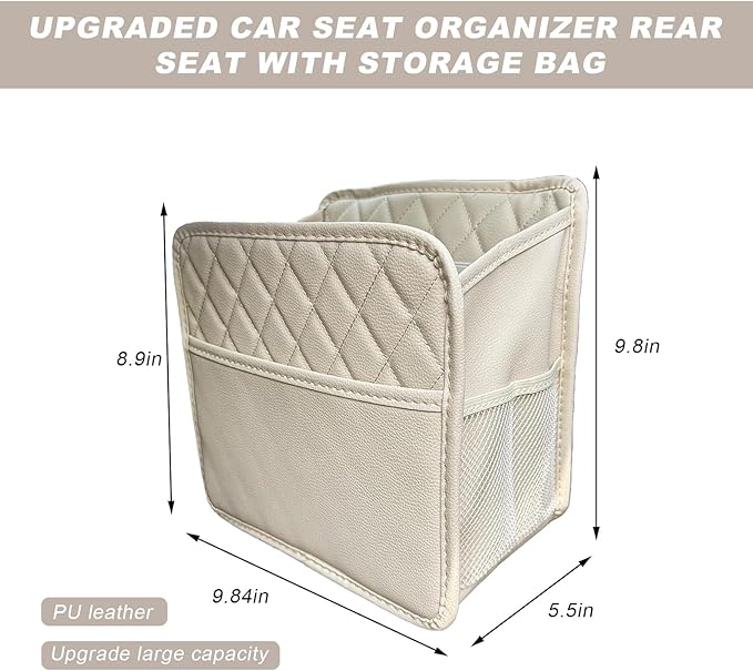 Car Seat Back Organizer, Large Capacity Foldable Car Seat Back Hanging Bag with 3 Extra Pockets, Waterproof Leather Auto Seats Storage Organizer, Car Travel Essentials Accessories (White)