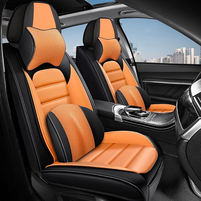 AREKA 2 Car Seat Covers for Honda Civic 2002-2026 Breathable Leather,Waterproof Car Seat Protectors with Comfort Headrest Pillows,Automotive Vehicle Cushion with Storage Pockets (Luxury,Orange)