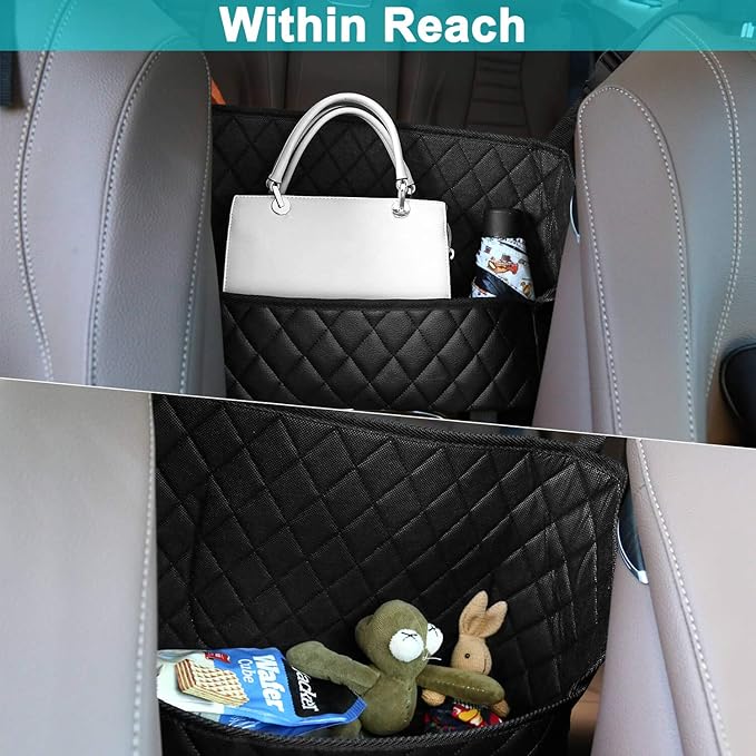 Car Pocket Handbag Holder, Seat Back Organizer Mesh with Premium Leather, Car Storage for Purse Holder, Barrier of Backseat Pet Kids Attaches to Headrest (Black+Pocket)
