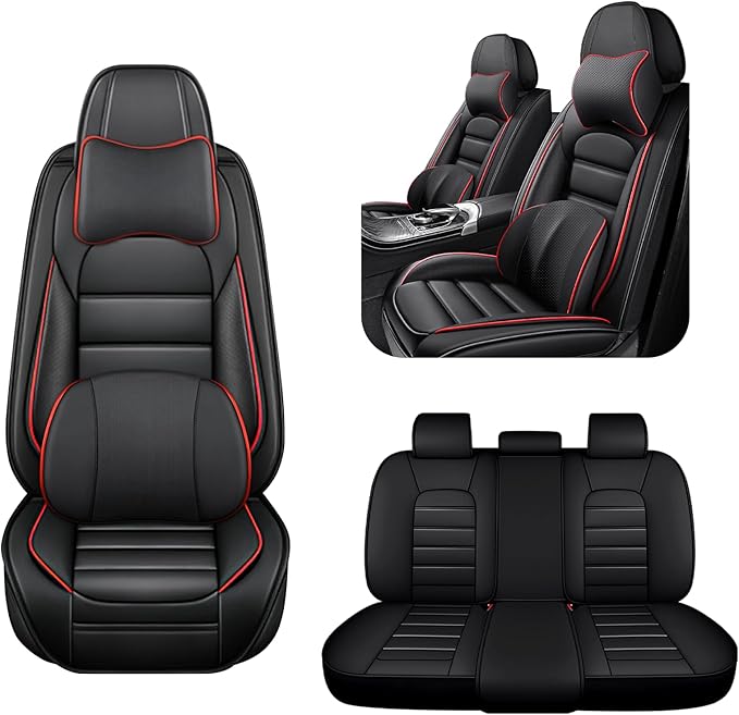 AREKA 5 Car Seat Covers for Honda Civic 2002-2026 Breathable Leather,Waterproof Car Seat Protectors with Comfort Headrest Pillows,Automotive Vehicle Cushion with Storage Pockets (Luxury,Redline)