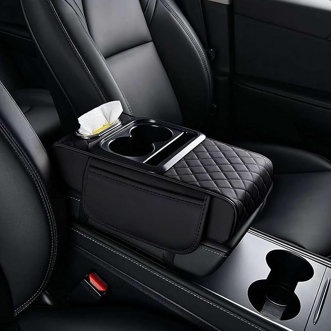 Multifunctional PU Leather Car Armrest Box Mat with Central Elbow,2026 New Universal Car Armrest Cover/Cushion/Organizer,5 in 1 Center Console Pad with Cup Holder,Fit for Most Cars, Suvs, Trucks