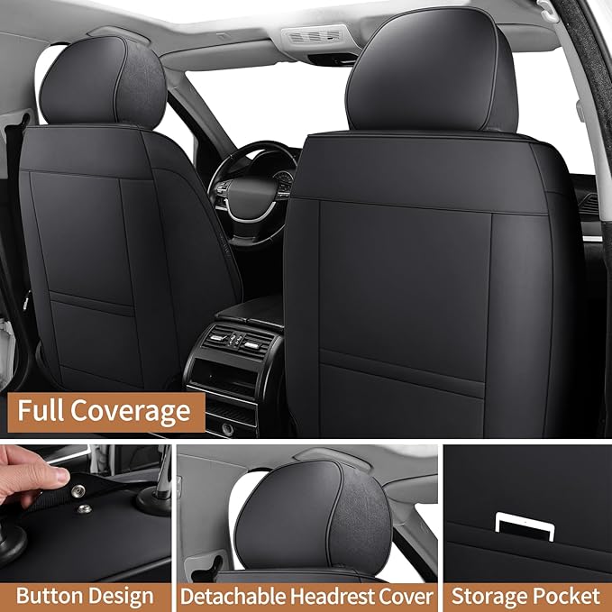 SCOMEE Black Leather Car Seat Covers Front Seat Breathable Seat Protectors Waterproof Automotive Seat Covers Universal Fit for Most Cars SUVs Trucks Vehicles