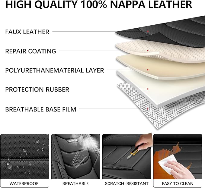 WENNFOUR Car Seat Covers Front Seats Only, Universal Luxury Automotive Car Seat Protector 2 Pack, Waterproof Breathable Leather Car Seat Cushion for Most Vehicles SUV Pick-up Truck Black