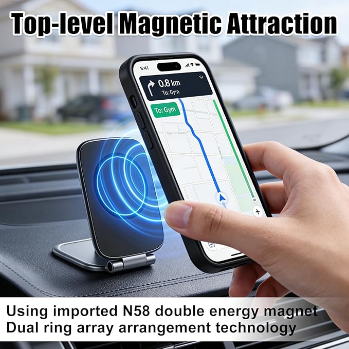 Ultra-Thin Foldable Magnetic Car Phone Mount,Ultrathin Adjustable Magnetic Phone Holde,New Portable Foldable Magnetic Phone Mount, 270°Adjusta ble Cell Phone Holder for Your Car/Gym/Mirror Compatible