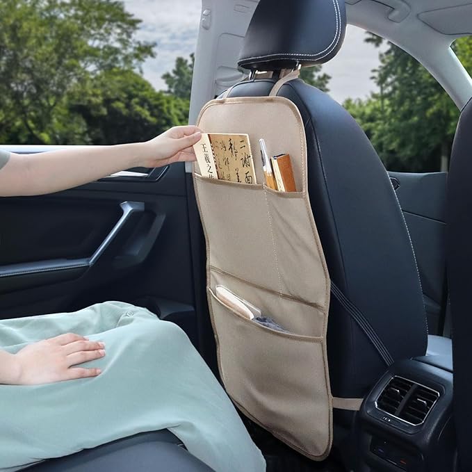 pefirst Kick Mat Back Seat Protector Waterproof Leather Car Seat Back Organizers Cover with 3 Storage Pockets for Kids Pets SUV Sedan Minivan Truck Car Travel Accessories (Beige 2-Pack)