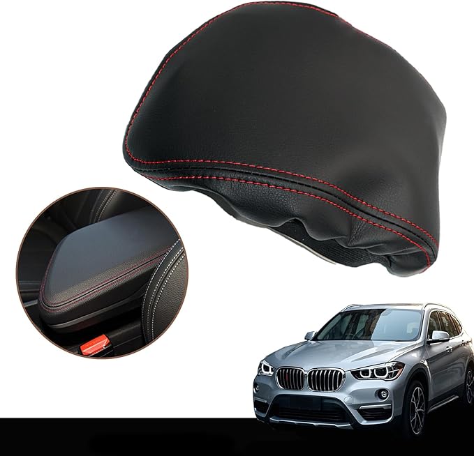 O SHI CAR Center Console Armrest Cover for BMW X1 2016 2017 2018 2019 2020 2021,Leather Middle Console Lid Cover Pad Protector Elbow Arm Rest Covering Car,Black Red