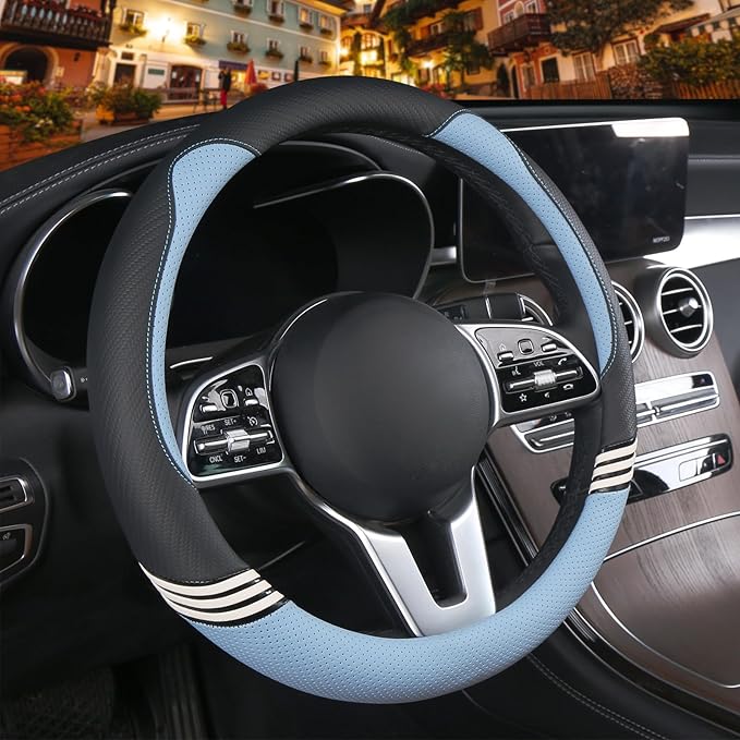 14 inch Cute Steering Wheel Cover for Women Men Faux Leather and Carbon Fiber,Black and Blue