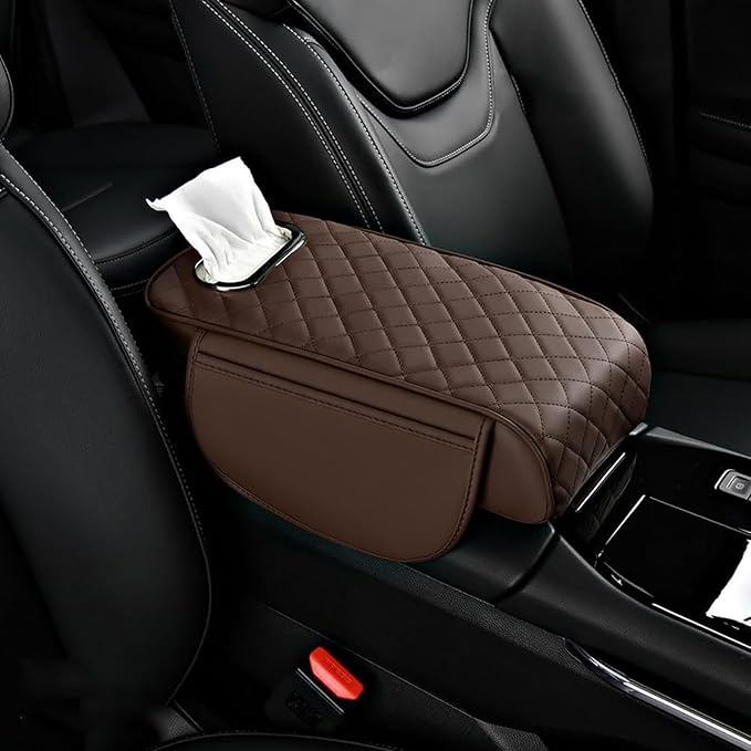 Car Arm Rest Cover Pad for Toyota Camry 2012 2013 2014 2015 2016 2017, Leather Memory Foam Center Console Cushion with 2 Storage Bags and a Tissue Box Universal Car Interior Accessories