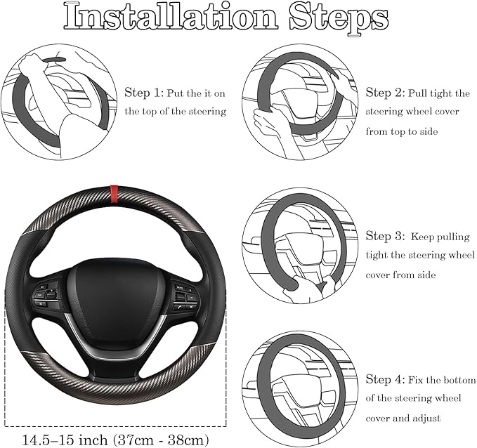 Black & Grey Carbon Fiber Leather Steering Wheel Cover, Microfiber Leather, Anti-Slip, Breathable, Universal Fit for 14.5–15 in Steering Wheel Cover for Men Women