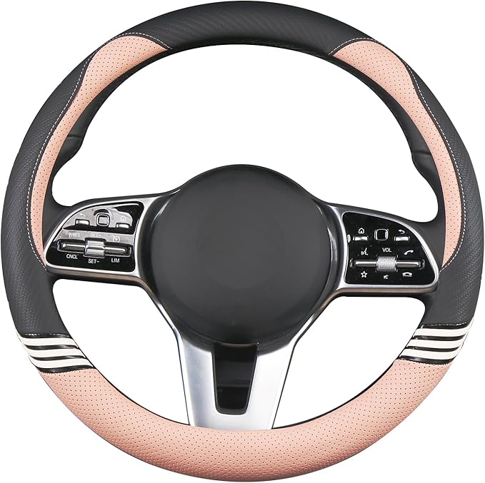 14 inch Cute Steering Wheel Cover for Women Men Faux Leather and Carbon Fiber,Black and Pink