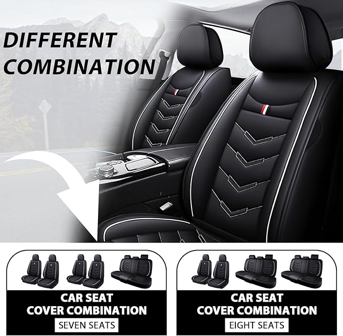 MVRVMV 3 Row 7 Seater Seat Covers for Ford Explorer 2012-2026, Airbag Compatible Front and Rear Split Bench Leather Auto Seat Protectors (7 Seat Standard, Black-White