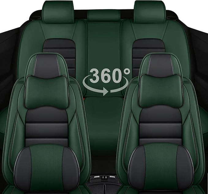 AREKA 5 Car Seat Covers for Honda Civic 2002-2026 Breathable Leather,Waterproof Car Seat Protectors with Comfort Headrest Pillows,Automotive Vehicle Cushion with Storage Pockets (Luxury,Green)
