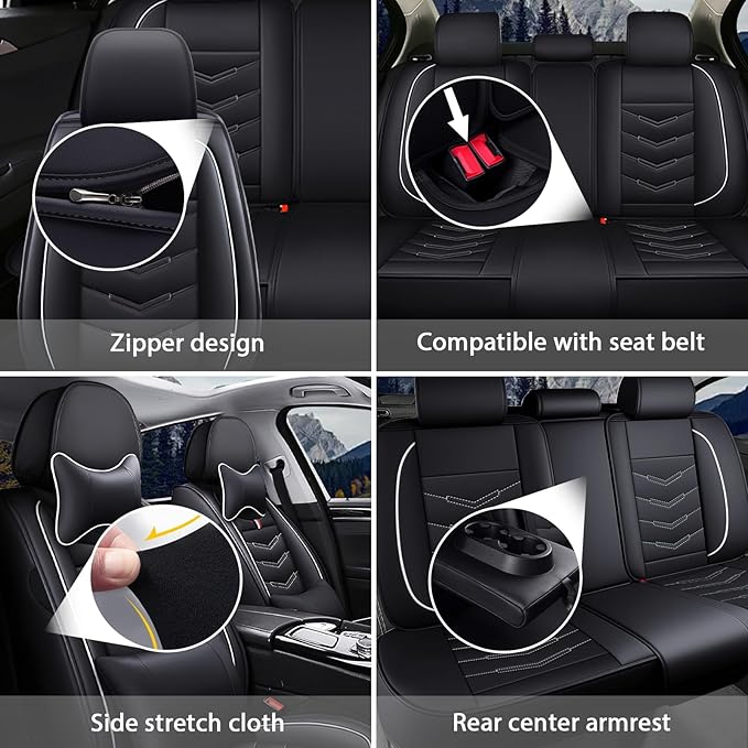 MVRVMV Car Seat Covers for Ford Explorer 2012-2026, Waterproof & Wear-Resistant Front and Rear Seat Protectors with 2* Neck Pillow and 2* Lumbar Support (7 Seat Luxury, Black-White