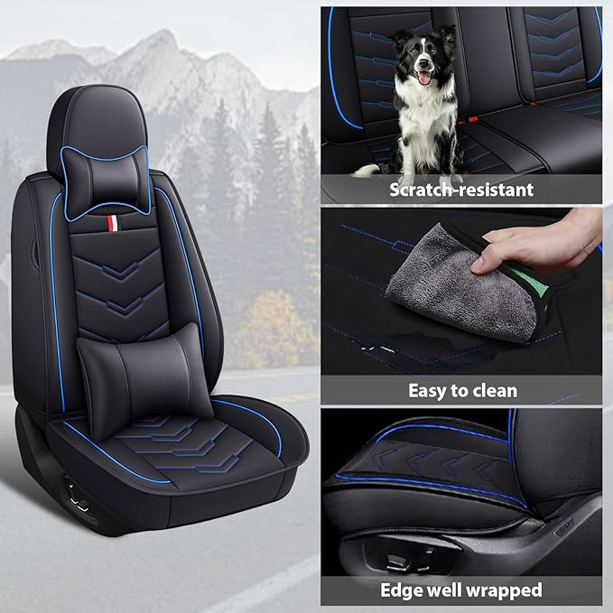 MVRVMV Luxury Car Seat Covers for Ford Explorer 2012-2026, Nappa Leather Auto Seat Cover with 2 Neck Pillows and 2 Lumbar Supports (2 Seat Luxury, Black-Blue)