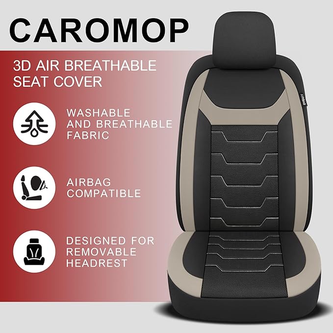 CAROMOP Breathable Car Seat Cover 2 Front Seats, 3D Air Mesh Cloth Seat Covers for Cars, Universal Fit Automotive Car Interior Covers for SUV Vans Sedans Trucks(Black/Beige)