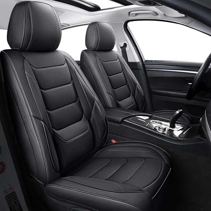 SCOMEE Black Leather Car Seat Covers Front Seat Breathable Seat Protectors Waterproof Automotive Seat Covers Universal Fit for Most Cars SUVs Trucks Vehicles