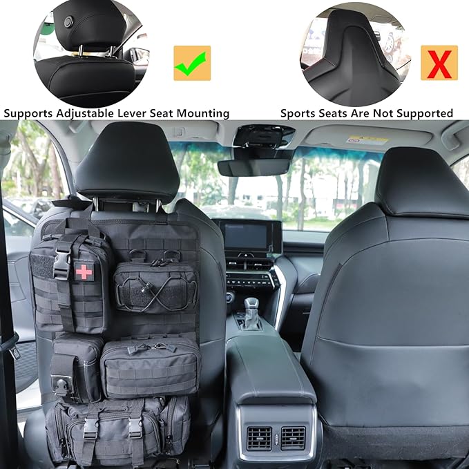 truck seat organizer and storage tactical car back seat back organizer with a Molle Vehicle Panel and 5 Different Size Molle Pouches for most models such as Jeep,SUV,Pickup (Black)