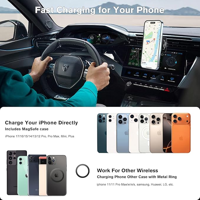 OHLPRO for MagSafe Car Mount Charger, 15W Fast Charging Car Magnetic Phone Holder for Dashboard and Air Vent, Compatible with iPhone 16/15/14/13/12 Series and Magsafe Case