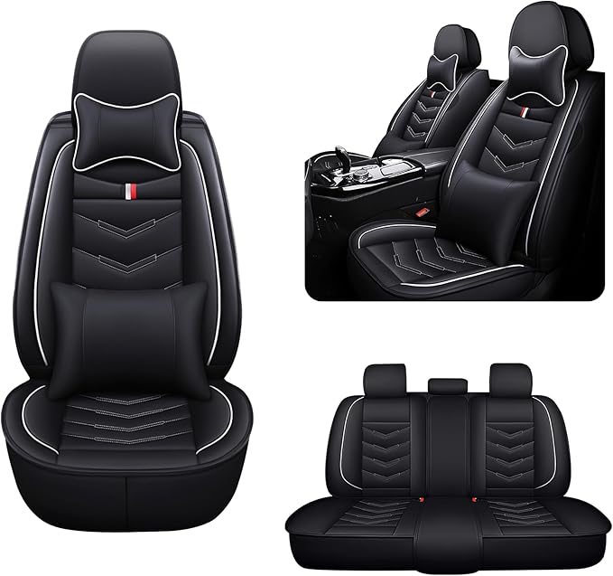MVRVMV Luxury Car Seat Covers for Ford Explorer 2012-2026, Nappa Leather Auto Seat Cover with 2 Neck Pillows and 2 Lumbar Supports (5 Seat Luxury, Black-White)