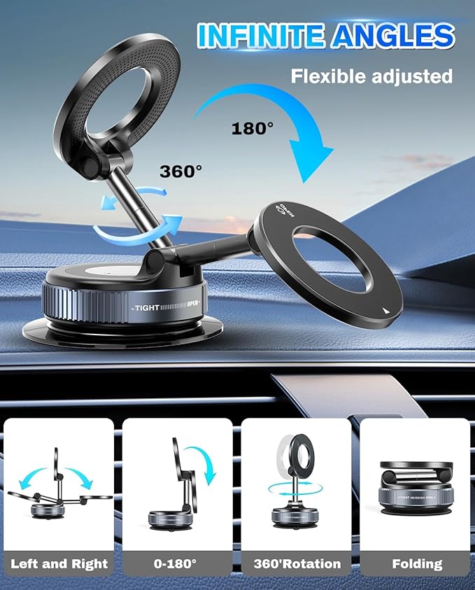 Vacuum Suction Magnetic Phone Holder, 2025 Upgraded Magnetic Car Phone Mount for Magsafe, 360°Adjustable Foldable Portable Suction Cup Phone Holder for Cars/Gyms/Mirrors/Smooth Surface