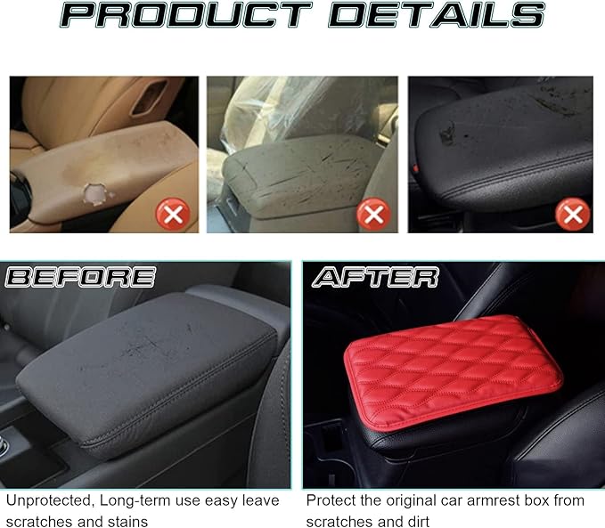 x xotic tech Car Center Console Cushion Pad, Universal Waterproof Leather Armrest Seat Box Cover Protector Auto Interior Accessories for Most Cars, SUV, Truck 7.8" x 12" (Red)