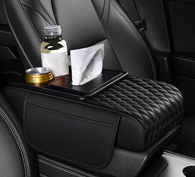 Car Center Console Cover for Acura MDX 2014-2025, Armrest Storage Box, Multifunctional Center Console Cover Organizer, Leather Armrest Protector Pad for SUV,A Black