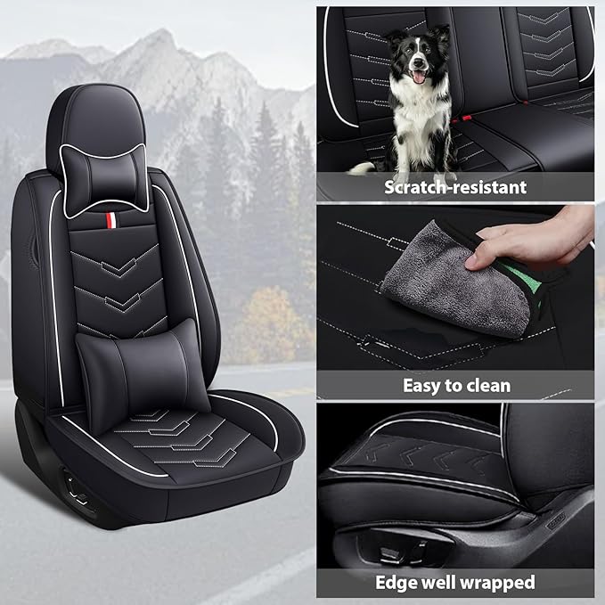 MVRVMV Car Seat Covers for Ford Explorer 2012-2026, Waterproof & Wear-Resistant Front and Rear Seat Protectors with 2* Neck Pillow and 2* Lumbar Support (7 Seat Luxury, Black-White