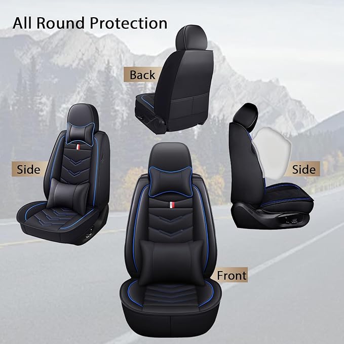 MVRVMV Luxury Car Seat Covers for Ford Explorer 2012-2026, Nappa Leather Auto Seat Cover with 2 Neck Pillows and 2 Lumbar Supports (5 Seat Luxury, Black-Blue)