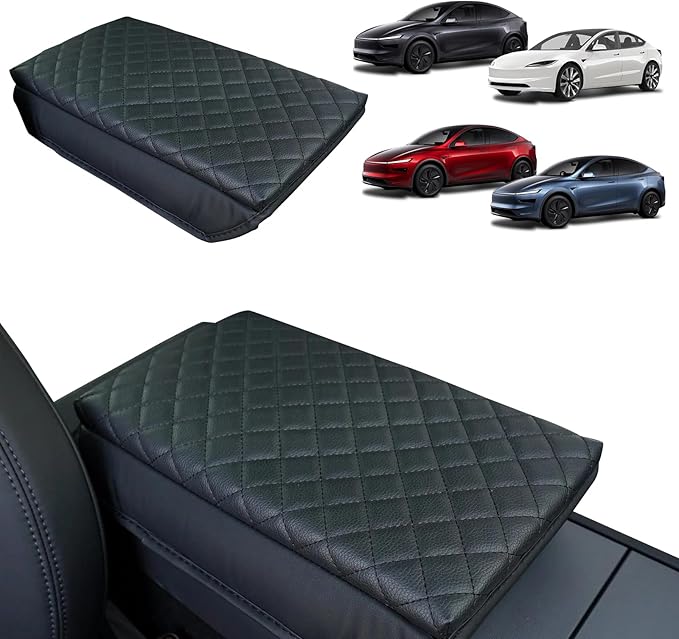 Center Console Armrest Cover Designed for 2025 2026 Tesla Model Y Juniper & 2024-2026 Tesla Model 3 Highland Console Cover Panel Cushion Nappa Leather Stain-Resistant and Fatigue-Reducing