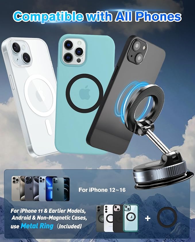 Vacuum Suction Magnetic Phone Holder, 2025 Upgraded Magnetic Car Phone Mount for Magsafe, 360°Adjustable Foldable Portable Suction Cup Phone Holder for Cars/Gyms/Mirrors/Smooth Surface