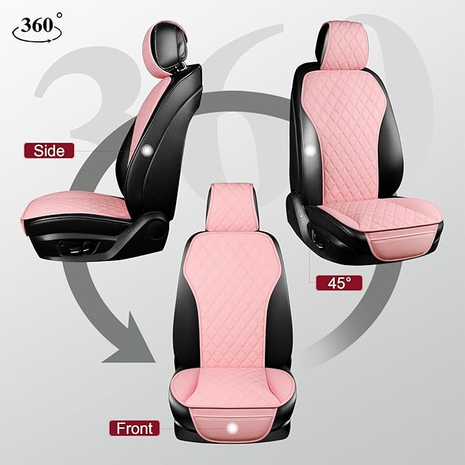 BaoLL 2PCs Front Car Seat Covers, Leather Seat Covers with Steering Wheel Cover and Two Seat Belt Pads, Waterproof Seat Covers for Cars Universal Fit 95% Vehicles (Pink)