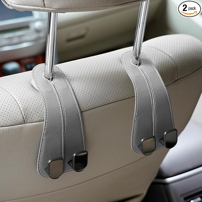 Adorila Car Seat Headrest Hooks - Vegan Leather Double Hook Purse & Phone Holder, Seat Back Organizer for Bags, Clothing & Handbags (Grey, 2-Pack)