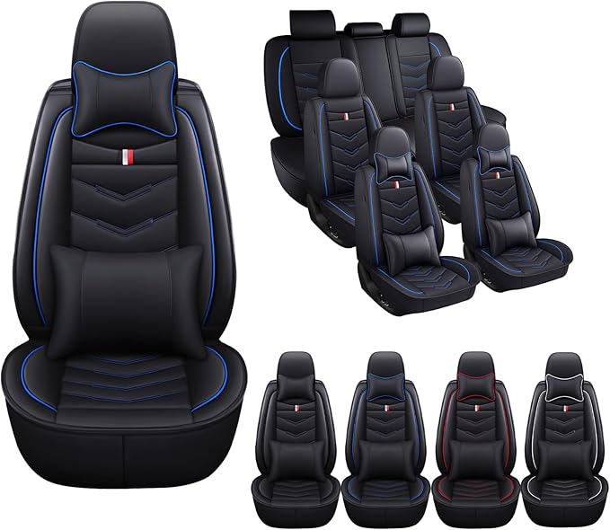 MVRVMV Car Seat Covers for Ford Explorer 2012-2026, Waterproof & Wear-Resistant Front and Rear Seat Protectors with 2* Neck Pillow and 2* Lumbar Support (7 Seat Luxury, Black-Blue