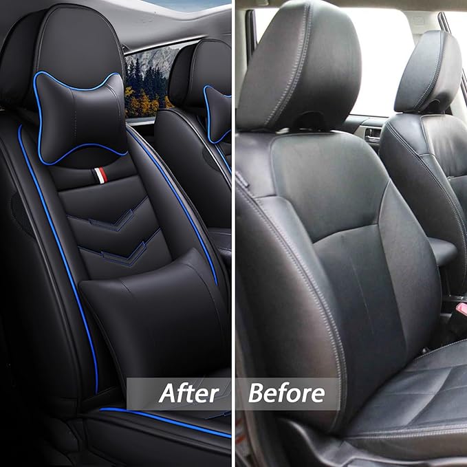 MVRVMV Seat Covers for Ford Ranger 2005-2026, Waterproof Leather Auto Seat Cover with 2* Neck Pillow and 2* Lumbar Support (2 Seat Luxury,Black-Blue)