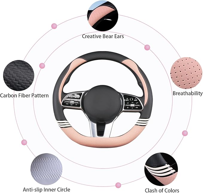 14 inch Cute D Shaped Steering Wheel Cover for Women Men Faux Leather and Carbon Fiber,Black and Pink