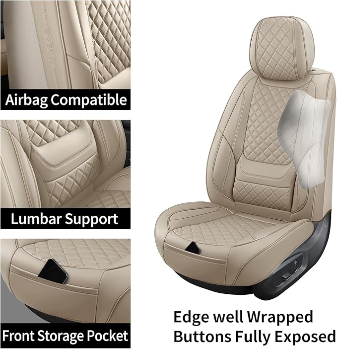 SCOMEE Beige Leather Car Seat Covers Front Seat Breathable Seat Protectors Waterproof Automotive Seat Covers Universal Fit for Most Cars SUVs Trucks Vehicles