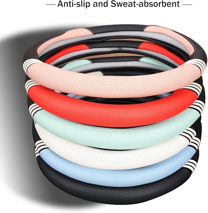 14 inch Cute Steering Wheel Cover for Women Men Faux Leather and Carbon Fiber,Black and Pink