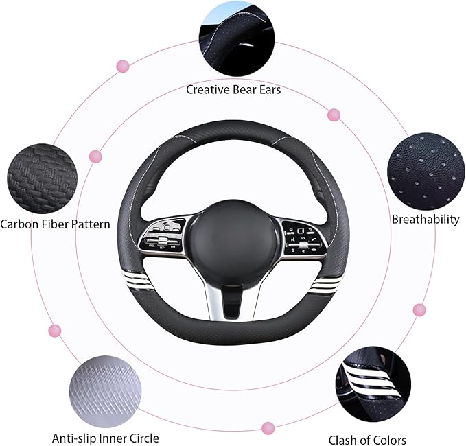 14 inch Cute D Shaped Steering Wheel Cover for Women Men Faux Leather and Carbon Fiber,Black